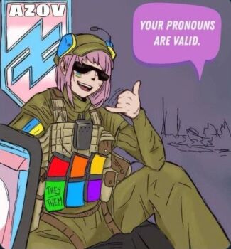 azov_battalion cap magazine_(weapon) nazi pink_hair politics pride_flag soldier sunglasses tactical_vest trans_rights ukrainian_flag walkie-talkie wolfsangel