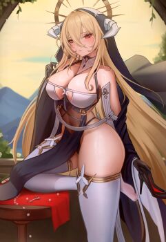 1girl absurdres azur_lane bare_shoulders blush breasts commentary english_commentary high_heels highres implacable_(azur_lane) large_breasts legs long_hair looking_at_viewer open_mouth puppnett solo thick_thighs thighhighs thighs very_long_hair