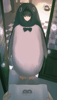 1girl absurdres animal_costume aozaki_aoko black_bow black_eyes black_hair bow box checkered_floor commentary cosplay doorway from_front from_outside full_body highres holding holding_box jacket kigurumi kuonji_alice laughing mahou_tsukai_no_yoru multiple_girls open_door penguin_costume pov pov_hands solo_focus spoken_character standing sweatdrop symbol-only_commentary white_jacket yuishironeko