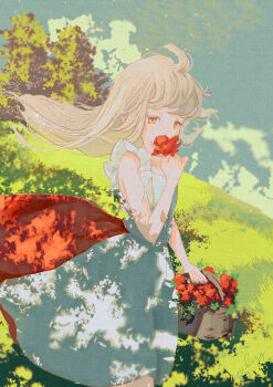 1girl absurdres ahoge blonde_hair cloud commentary_request dappled_sunlight day dress elf flower flower_basket frills grass hair_flowing_over highres holding holding_flower light_particles long_hair looking_down nature nekory original outdoors pointy_ears red_eyes red_skirt scenery sidelocks signature skirt sky sleeveless sleeveless_dress sunlight swept_bangs tree two-tone_skirt walking white_skirt
