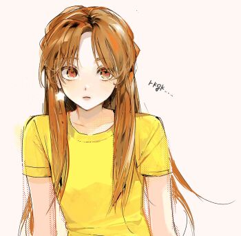 1girl brown_eyes brown_hair closed_mouth collarbone curtained_hair earrings highres jewelry long_hair looking_at_viewer multicolored_eyes multicolored_hair nima_(nimamann) orange_eyes orange_hair original sanpaku shirt short_sleeves simple_background single_earring solo star_(symbol) star_earrings straight-on t-shirt two-tone_eyes two-tone_hair upper_body white_background yellow_shirt