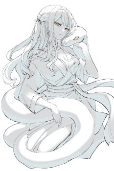 1girl asymmetrical_sleeves bang_dream! bang_dream!_it's_mygo!!!!! breasts cleavage collarbone commentary cropped_legs elbow_rest floating_hair hair_ribbon hand_on_animal head_tilt highres long_hair looking_at_viewer medium_breasts monochrome parted_bangs parted_lips rhapsode ribbon robe sash short_sleeves side_slit simple_background snake snake_wrapped_around_body solo spot_color three-quarter_sleeves togawa_sakiko uneven_sleeves white_background yellow_eyes