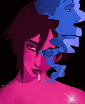 1boy 1girl artist_name black_background black_hair cemiquirs cigarette dispatch face_piercing glint hair_between_eyes invisigal_(dispatch) limited_palette lipstick looking_at_viewer makeup minimalism multiple_boys neon_palette nose_piercing nose_ring piercing pink_eyes pop_art profile red_eyes robert_robertson scar scar_on_face septum_piercing short_hair simple_background smoke smoking twitter_username