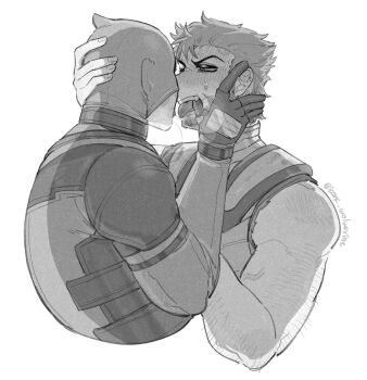 2boys after_kiss animification arm_hair beard blush bodysuit deadpool deadpool_&amp;_wolverine deadpool_(series) facial_hair fangs finger_in_another&#039;s_mouth full-face_blush gloves hand_on_another&#039;s_head hashtag-only_commentary highres k4nc_wolverine looking_at_another male_focus marvel marvel mask mask_lift monochrome multiple_boys muscular muscular_male open_mouth saliva saliva_trail short_hair sleeveless superhero_costume sweatdrop teeth tongue tongue_out twitter_username veins veiny_arms wolverine_(x-men) x-men yaoi
