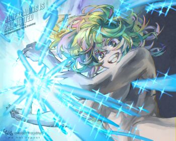 1girl absurdres ahoge boku_no_hero_academia breasts colored_eyelashes commentary energy_ball eyelashes green_hair hagakure_toru highres long_hair multicolored_hair nude open_mouth pink_streaks solo teeth twitter_username underboob upper_body watermark yomoyama_yotabanashi
