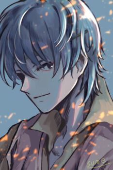 Rule 34 | 1boy, artist name, blue background, blue hair, circlet, fire, shigen (tear ring saga), solo, sparkle, sumeragi (black rose), tear ring saga, tear ring saga: yutona eiyuu senki