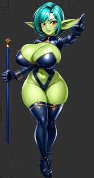 1girl aqua_hair black_background blue_boots blush boots breasts cleavage colored_skin commentary commission english_commentary eyebrows_hidden_by_hair female_goblin franarok full_body goblin green_skin groin high_heels highres holding_baton large_breasts large_ears lips looking_at_viewer navel open_mouth original pointing pointing_forward red_eyes shrug_(clothing) simple_background solo stiletto_heels stomach thigh_boots wide_hips