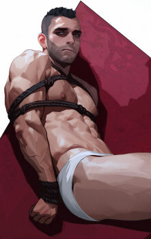 1boy abs bare_shoulders bdsm black_rope blue_eyes bondage bound bound_wrists brown_hair call_of_duty call_of_duty:_modern_warfare_2 closed_eyes commentary curled_fingers english_commentary facial_hair frown groin male_focus male_underwear mohawk nipples pectorals rope shibari soap_(modern_warfare_2) solo underwear veins veiny_arms voidbringerr white_male_underwear