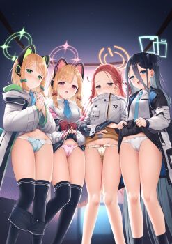 4girls :d absurdres animal_ear_headphones animal_ears aris_(blue_archive) black_hair black_shorts black_skirt black_socks black_thighhighs blonde_hair blue_archive blue_eyes blue_necktie blue_panties blurry blurry_background blush bow bow_panties cameltoe closed_mouth clothes_lift clothes_pull collared_shirt commentary_request depth_of_field fake_animal_ears feet_out_of_frame female_focus frilled_panties frills green_eyes groin halo headphones highres image_sample indoors jacket jacket_lift lifting_own_clothes loli long_hair looking_at_viewer midori_(blue_archive) momoi_(blue_archive) multiple_girls necktie off_shoulder open_clothes open_fly open_jacket open_mouth open_shorts panties pink_panties pleated_skirt polka_dot polka_dot_panties red_eyes red_hair shirt shorts shorts_pull siblings sidelocks sisters skirt skirt_lift smile socks standing thighhighs twins twitter_sample underwear very_long_hair wakuta_chisaki white_jacket white_panties white_shirt yellow_panties yuzu_(blue_archive)