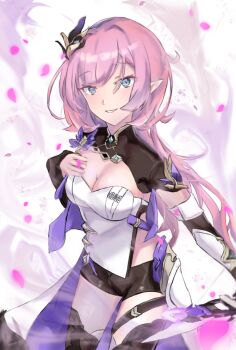 1girl absurdres black_boots black_shorts black_shrug blue_eyes boots bow_(weapon) breasts cleavage commentary corset elf elysia_(honkai_impact) elysia_(miss_pink_elf)_(honkai_impact) falling_petals highres holding holding_bow_(weapon) holding_weapon honkai_(series) honkai_impact_3rd kurokoshou_(siakabe) large_breasts long_hair looking_at_viewer petals pink_hair pointy_ears short_shorts shorts shrug_(clothing) smile solo thighs very_long_hair weapon white_background white_corset
