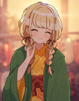 1girl :3 ^_^ absurdres blonde_hair blurry blurry_background blush braid brown_ribbon closed_eyes commentary_request facing_viewer fujita_kotone gakuen_idolmaster hair_ribbon hanten_(clothes) highres idolmaster japanese_clothes kimono lantern long_hair obi outdoors paper_lantern pink_kimono ribbon sash solo tsubatya twin_braids upper_body