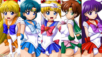 5girls ahoge aino_minako artist_name ass back_bow bishoujo_senshi_sailor_moon blonde_hair blue_eyes blue_hair blue_sailor_collar blue_skirt bow bowtie breasts brooch brown_hair cameltoe choker closed_mouth clothes_lift collarbone commentary covered_erect_nipples crescent crescent_earrings crescent_wand crossed_arms diadem double_bun earrings elbow_gloves eyelashes gloves green_choker green_sailor_collar green_skirt hair_bobbles hair_bow hair_bun hair_ornament hands_on_thighs high_ponytail highres hino_rei inner_senshi jewelry kino_makoto large_breasts legs leotard leotard_peek long_hair looking_at_viewer magical_girl miniskirt mizuno_ami multiple_girls multiple_views onoe open_mouth orange_sailor_collar orange_skirt pleated_skirt ponytail purple_eyes purple_hair red_bow red_bowtie red_choker red_sailor_collar red_skirt sailor_collar sailor_jupiter sailor_mars sailor_mercury sailor_moon sailor_senshi sailor_senshi_uniform sailor_venus short_hair sitting skirt skirt_lift smile standing star_(symbol) star_earrings thighs tongue tsukino_usagi twintails v very_long_hair wariza watermark web_address white_background white_leotard