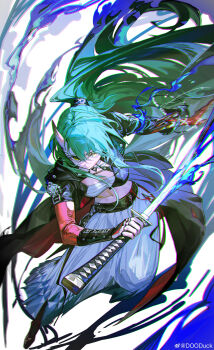 1girl absurdres arknights black_jacket breasts chest_sarashi chromatic_aberration closed_mouth colored_extremities commentary_request cropped_jacket dooduck fighting_stance green_hair hakama hakama_skirt highres holding holding_sword holding_weapon horns hoshiguma_(arknights) hoshiguma_(ronin_huntress)_(arknights) jacket japanese_clothes jewelry katana long_hair medium_breasts multiple_rings navel open_clothes open_jacket ponytail red_skirt ring sarashi single_horn skin-covered_horns skirt solo sword very_long_hair watermark weapon weibo_watermark white_hakama yellow_eyes