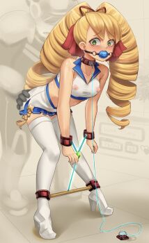 1boy 1girl absurdres ball_gag bdsm blonde_hair blush bondage boots bound bow character_name collar commentary commission cosplay covered_erect_nipples dankestofdans drill_hair english_commentary gag green_eyes hair_bow high_heel_boots high_heels highres long_hair luna_platz_(mega_man) mega_man_(series) mega_man_star_force_(series) midriff open_mouth red_collar restrained sex skirt standing standing_sex star_force_mega_man star_force_mega_man_(cosplay) sweat tearing_up thigh_boots twin_drills very_long_hair white_skirt