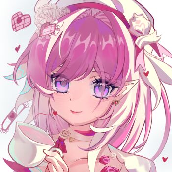 1girl absurdres beret chinese_commentary commentary_request cup diamond-shaped_pupils diamond_(shape) earrings elf elysia_(hi_love_elf)_(honkai_impact) elysia_(honkai_impact) hat heart heart_earrings highres holding holding_cup honkai_(series) honkai_impact_3rd jewelry long_hair looking_at_viewer multicolored_hair pink_hair pointy_ears purple_eyes simple_background smile solo symbol-shaped_pupils two-tone_hair upper_body very_long_hair white_background white_hair yingjingxue90662