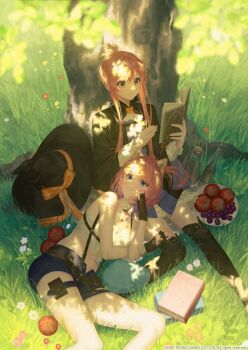 2girls animal_ears atelier_(series) atelier_resleriana atelier_resleriana:_the_red_alchemist_&amp;_the_white_guardian blue_shorts book bow cat_ears cat_girl grass hat hat_bow holding holding_book long_hair midriff multiple_girls official_art on_grass orange_bow pink_hair purple_eyes red_hair rias_eidreise shorts sitting takubon tree tree_shade unworn_hat unworn_headwear wilbell_voll-ersleid witch_hat
