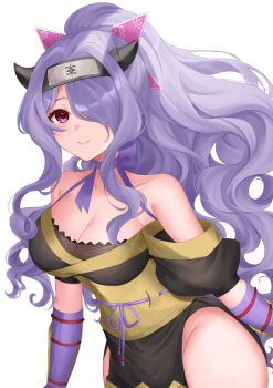 Rule 34 | 1girl, arm guards, bare shoulders, black headband, blush, breasts, camilla (fire emblem), camilla (ninja) (fire emblem), choker, cleavage, closed mouth, collarbone, ell 0314, fire emblem, fire emblem fates, fire emblem heroes, fishnets, hair over one eye, headband, highres, horns, large breasts, long hair, looking at viewer, ninja, nintendo, official alternate costume, official alternate hairstyle, ponytail, purple choker, purple eyes, purple hair, ribbon choker, smile, solo, thick thighs, thighs, wrist guards
