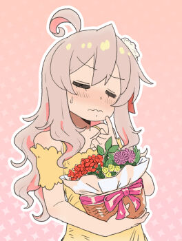 Rule 34 | 1girl, = =, ahoge, alternate costume, bare arms, bare shoulders, basket, blush, closed eyes, commentary request, dress, finger to mouth, flower, flower basket, grey hair, hair flower, hair ornament, highres, holding, holding basket, matado (almukha), multicolored hair, onii-chan wa oshimai!, outline, oyama mahiro, pink background, pink hair, simple background, solo, sweatdrop, two-tone hair, upper body, wavy hair, wavy mouth, white outline, yellow dress