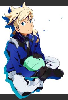 Rule 34 | 1boy, aqua eyes, asemu asuno, black shirt, black shoes, blonde hair, blue jacket, brown gloves, commentary request, gloves, grey pants, gundam, gundam age, haro, highres, indian style, jacket, letterboxed, looking at viewer, low ponytail, nyuusankin, open clothes, open jacket, outside border, pants, ponytail, shirt, shoes, sitting, solo