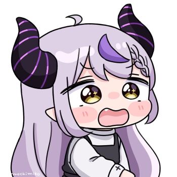 1girl ahoge black_dress blush_stickers braid braided_bangs brown_eyes chibi commentary_request demon_horns dress fang grey_hair hololive horns la+_darknesss long_hair long_sleeves mochimiko multicolored_hair open_mouth pointy_ears puffy_long_sleeves puffy_sleeves purple_hair shirt signature simple_background sleeveless sleeveless_dress solo streaked_hair very_long_hair virtual_youtuber wavy_mouth white_background white_shirt