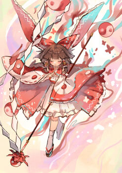 Rule 34 | 1girl, absurdres, ascot, bow, brown hair, bug, butterfly, chinese commentary, closed mouth, collared shirt, commentary, detached sleeves, frilled bow, frilled hair tubes, frills, full body, gohei, hair bow, hair tubes, hakurei reimu, highres, holding, holding gohei, insect, long sleeves, orb, print sleeves, red bow, red ribbon, red shirt, red skirt, reimu day, ribbon, ribbon-trimmed sleeves, ribbon trim, sandals, shirt, shouxishao jiuyuan, skirt, socks, solo, touhou, white ribbon, white socks, wide sleeves, yin yang, yin yang orb, yin yang print, zouri