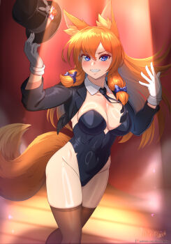 1girl animal_ear_fluff animal_ears artist_name black_hat black_jacket black_leotard black_necktie blue_bow blue_eyes blush bow breasts brown_thighhighs cleavage collarbone commentary commentary_request covered_navel cowboy_shot detached_collar english_commentary eyelashes fox_ears fox_girl fox_tail gloves grin groin hair_between_eyes hair_bow hat highleg highleg_leotard highres holding holding_unworn_clothes holding_unworn_hat jacket kitsu_(vilde_loh_hocen) large_variant_set leotard long_hair long_sleeves looking_at_viewer medium_breasts mixed-language_commentary necktie open_clothes open_jacket open_mouth orange_hair original patreon_logo patreon_username playboy_bunny smile solo spotlight stage strapless strapless_leotard tail thighhighs top_hat unworn_hat unworn_headwear variant_set vilde_loh_hocen watermark web_address white_gloves