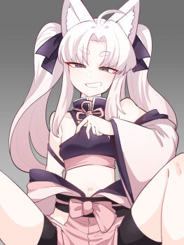 1girl ahoge amagaeru_(hylathewet) animal_ear_fluff animal_ears bare_shoulders black_eyes blue_archive breasts commentary_request detached_sleeves fox_ears grin highres kuzunoha_(blue_archive) looking_at_viewer midriff navel partial_commentary small_breasts smile solo spread_legs textless_version twintails white_hair wide_sleeves