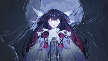 Rule 34 | 1girl, absurdres, black hair, blunt bangs, choker, closed eyes, collarbone, columbina (genshin impact), dress, feathered wings, genshin impact, hair ribbon, head wings, highres, long hair, long sidelocks, multiple wings, noto (noto 1213), parted lips, pink hair, ribbon, sidelocks, solo, very long hair, white choker, white dress, white ribbon, wings