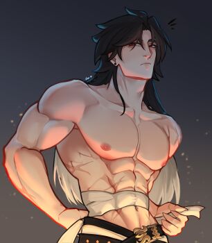 1boy abs bandaged_stomach bandages black_hair black_pants blade_(honkai:_star_rail) broad_shoulders closed_mouth collarbone commentary cowboy_shot earrings english_commentary frown gou_u3u gradient_hair groin highres honkai:_star_rail honkai_(series) jewelry long_hair looking_to_the_side male_focus multicolored_hair muscular muscular_male navel pants parted_hair pectorals piercing sideways_glance solo stud_earrings