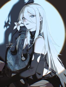 1girl 7-string_guitar a2_(nier:automata) absurdres black_gloves commentary earrings elbow_gloves extended_range_guitar flower gloves grey_eyes guitar hair_between_eyes hair_ornament hairclip highres instrument jewelry light_particles linked_piercing long_hair long_hair_between_eyes looking_at_viewer mistxii mole mole_under_mouth nier:automata nier_(series) piercing shadow solo spotlight symbol-only_commentary white_hair