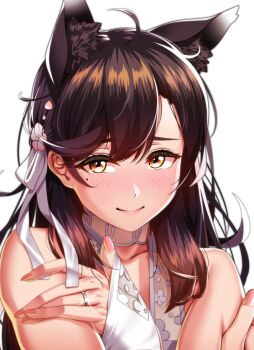 1girl animal_ear_fluff animal_ears atago_(azur_lane) atago_(summer_march)_(azur_lane) azur_lane bikini black_hair blonde_hair closed_mouth commentary_request dog_ears dress extra_ears flower gloves hair_flower hair_ornament hair_ribbon highres jewelry kagiyama_(clave) looking_at_viewer mole mole_under_eye nail_polish official_alternate_costume pink_nails portrait ribbon ring simple_background smile solo swimsuit wedding_ring white_background white_bikini white_ribbon