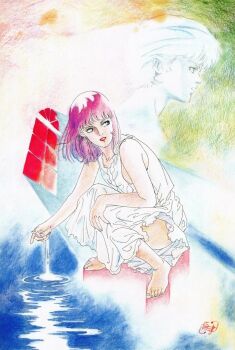 Rule 34 | 1980s (style), 1boy, 1girl, abstract, abstract background, barefoot, blue eyes, dress, earrings, fa yuiry, from side, gundam, highres, jewelry, kamille bidan, kneeling, looking at another, medium hair, non-web source, oldschool, purple hair, red lips, retro artstyle, signature, traditional media, umetsu yasuomi, water, white dress, window, zeta gundam