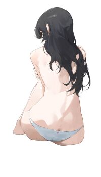 Rule 34 | 1girl, ass, barefoot, black eyes, black hair, black nails, butt crack, from behind, full body, heart, heart print, highres, kji daily, knees up, long hair, original, panties, print panties, simple background, sitting, solo, topless female, underwear, white background, white panties