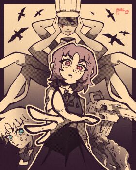 1boy 3girls absurdres akaiguarts arthropod_limbs bird blood blood_from_mouth bloody_tears blue_eyes chainsaw_man chef chef_hat collared_shirt crow crying crying_with_eyes_open disembodied_head dress extra_arms fake_chainsaw_man falling_devil_(chainsaw_man) fami_(chainsaw_man) fourth_east_high_school_uniform hat highres holding_detached_head long_sleeves mole mole_under_eye mole_under_mouth multiple_girls multiple_moles outstretched_arm partially_colored pinafore_dress purple_eyes purple_hair reaching reaching_towards_viewer ringed_eyes school_uniform severed_head sharp_teeth shirt sleeveless sleeveless_dress tears teeth famine_devil_(chainsaw_man)