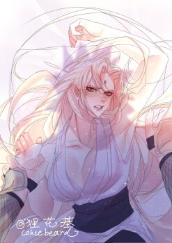 1boy 1girl bed bed_sheet blush breasts cokiebeard couple cuddling hashtag-only_commentary highres jiraiya_(naruto) large_breasts mature_female naruto_(series) on_bed pov tsunade_(naruto)