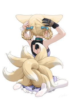 1girl absurdres animal_ears arknights blonde_hair braid braided_hair_rings fox_ears fox_girl fox_tail from_behind gloves hair_rings highres infection_monitor_(arknights) kitsune kyuubi multiple_tails no_shoes pantyhose single_glove sitting solo suzuran_(arknights) tail welt_(kinsei_koutenkyoku) white_background white_pantyhose