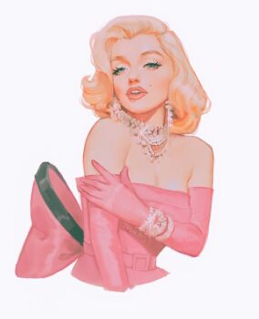 1girl artist_name blonde_hair commentary cropped_torso dress elbow_gloves english_commentary gentlemen_prefer_blondes gloves highres jewelry makeup marilyn_monroe mascara medium_hair mole necklace pink_dress pink_gloves real_life simple_background solo sparkle strapless strapless_dress tasiams white_background