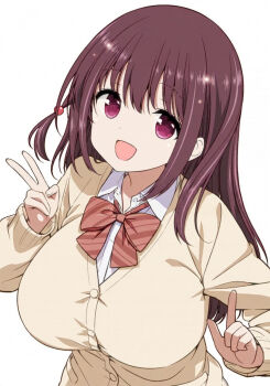 Rule 34 | 1girl, achiga school uniform, black thighhighs, blazer, bow, bowtie, breasts, brown cardigan, brown jacket, brown shoes, buttons, cardigan, collar, hair bobbles, hair ornament, hand up, highres, jacket, kobayashi ritz, large breasts, long sleeves, matsumi kuro, non-web source, open mouth, pocket, purple eyes, red bow, red bowtie, saki, saki (manga), saki achiga-hen, school uniform, shirt, shoes, smile, solo, thighhighs, upper body, v, white background, white shirt
