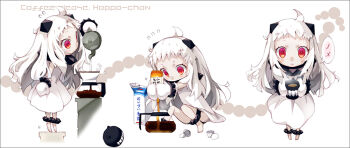 10s 1girl abyssal_ship coffee coffee_maker coffee_pot cup dress drink_carton kantai_collection kettle looking_at_viewer milk_carton northern_ocean_princess red_eyes salamander_(hop-step) translation_request white_dress white_hair