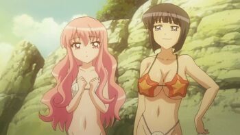 2girls animated animated_gif beach bikini black_hair blue_eyes bouncing_breasts breasts hand_on_own_hip long_hair louise_francoise_le_blanc_de_la_valliere medium_breasts multiple_girls pink_eyes pink_hair screencap seashell_bikini shell shell_bikini short_hair siesta_(zero_no_tsukaima) small_breasts star-shaped_bikini star_(symbol) starfish_bikini swimsuit zero_no_tsukaima