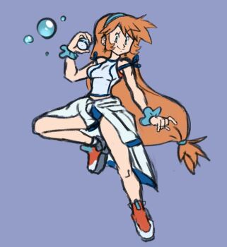 Rule 34 | 1girl, aged up, bare legs, blue eyes, blue panties, breasts, brown hair, bubble, closed mouth, clothes around waist, hairband, highres, holding, holding poke ball, jacket, jacket around waist, jewelry, leg up, legs, long hair, low-tied long hair, medium breasts, misty (pokemon), nintendo, orange hair, panties, poke ball, pokemon, pokemon (anime), pokemon (classic anime), pokemon rgby, shirt, shoes, smile, solo, sweater, sweater around waist, theprincesskari, underwear, very long hair