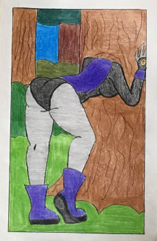 1girl ass cape dc_comics embarrassed forest gloves highres legs leotard nature non-web_source purple_leotard raven_(dc) sleeved_leotard struggling stuck teen_titans thighs tree