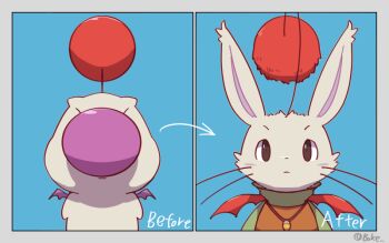 1boy animal_nose artist_name before_and_after big_nose black_eyes blue_background body_fur boke-chan border english_text final_fantasy final_fantasy_tactics_advance green_shirt grey_border grey_fur jewelry looking_at_viewer male_focus mini_wings moogle multiple_views necklace orange_vest purple_wings rabbit_boy rabbit_ears red_wings shirt signature simple_background square_enix straight-on twitter_username upper_body vest whiskers wings