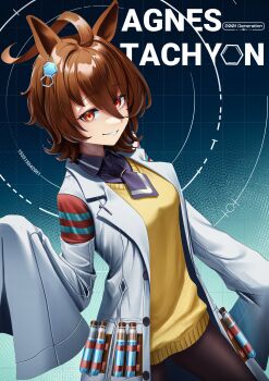 1girl absurdres agnes_tachyon_(tach-nology)_(umamusume) agnes_tachyon_(umamusume) ahoge animal_ears black_pantyhose breasts brown_hair chemical_structure coat collared_shirt commentary cork earrings english_commentary hair_between_eyes highres horse_ears horse_girl huge_ahoge jewelry lab_coat long_sleeves looking_at_viewer manjo_(warito) medium_hair necktie pantyhose parted_lips red_eyes shirt short_necktie single_earring sleeves_past_fingers sleeves_past_wrists smile solo sweater sweater_vest test_tube umamusume white_coat wolf_cut yellow_sweater yellow_sweater_vest