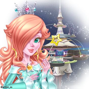 1girl aqua_dress aqua_eyes artist_es artist_name bare_shoulders blue_dress brooch colored_skin commentary crown dress earrings english_commentary green_eyes hair_over_one_eye highres jewelry lips long_hair long_sleeves looking_at_viewer mario_(series) nail_polish nintendo off-shoulder_dress off_shoulder orange_hair parody pink_skin purple_nails rosalina smile solo space star_(sky) star_(symbol) star_brooch star_earrings star_wand style_parody super_mario_galaxy wand