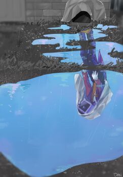 1boy ant_tenna black_pants crt deltarune door emi_wan_(ptekv9bikhi) gloves grass hashtag-only_commentary highres male_focus necktie object_head objectification outdoors pants partially_colored puddle radio_antenna rain reflection reflective_liquid shoes signature tailcoat television under_covers utdr_(toby_fox) white_gloves yellow_necktie yellow_shoes