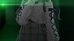 1boy 1girl animated black_hair double_bun hair_bun hiding idolmaster idolmaster_shiny_colors in_locker kabedon locker mayuzumi_fuyuko monster official_art orange_eyes profile skirt tagme video