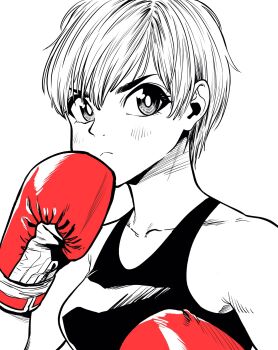 1girl :< armpit_crease boxing boxing_gloves commentary_request fighting_stance frown gloves hatching_(texture) highres lee_(dragon_garou) monochrome original red_gloves short_hair solo spot_color tank_top upper_body v-shaped_eyebrows