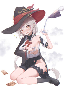 1girl 1other absurdres black_robe black_shoes black_skirt black_socks blue_archive blush bottle bow braid breasts cleavage clothes-dissolving_potion commentary_request covered_erect_nipples eri_(blue_archive) halo hat highres holding holding_bottle large_breasts long_hair long_sleeves open_mouth pleated_skirt red_bow robe shirt shoes side_braid simple_background sitting skirt socks very_long_hair wariza white_background white_hair white_shirt witch_hat yellow_halo yusuna