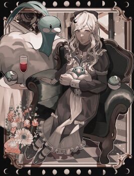 1girl alcohol altaria beak black_eyes blonde_hair blue_skin brown_dress colored_skin cup dress drinking_glass flower frills gen_3_pokemon highres looking_at_another nintendo outline poke_ball pokemon red_wine reo_(mmocc123) shoes sitting swablu table two-tone_dress white_beak white_outline wine wine_glass